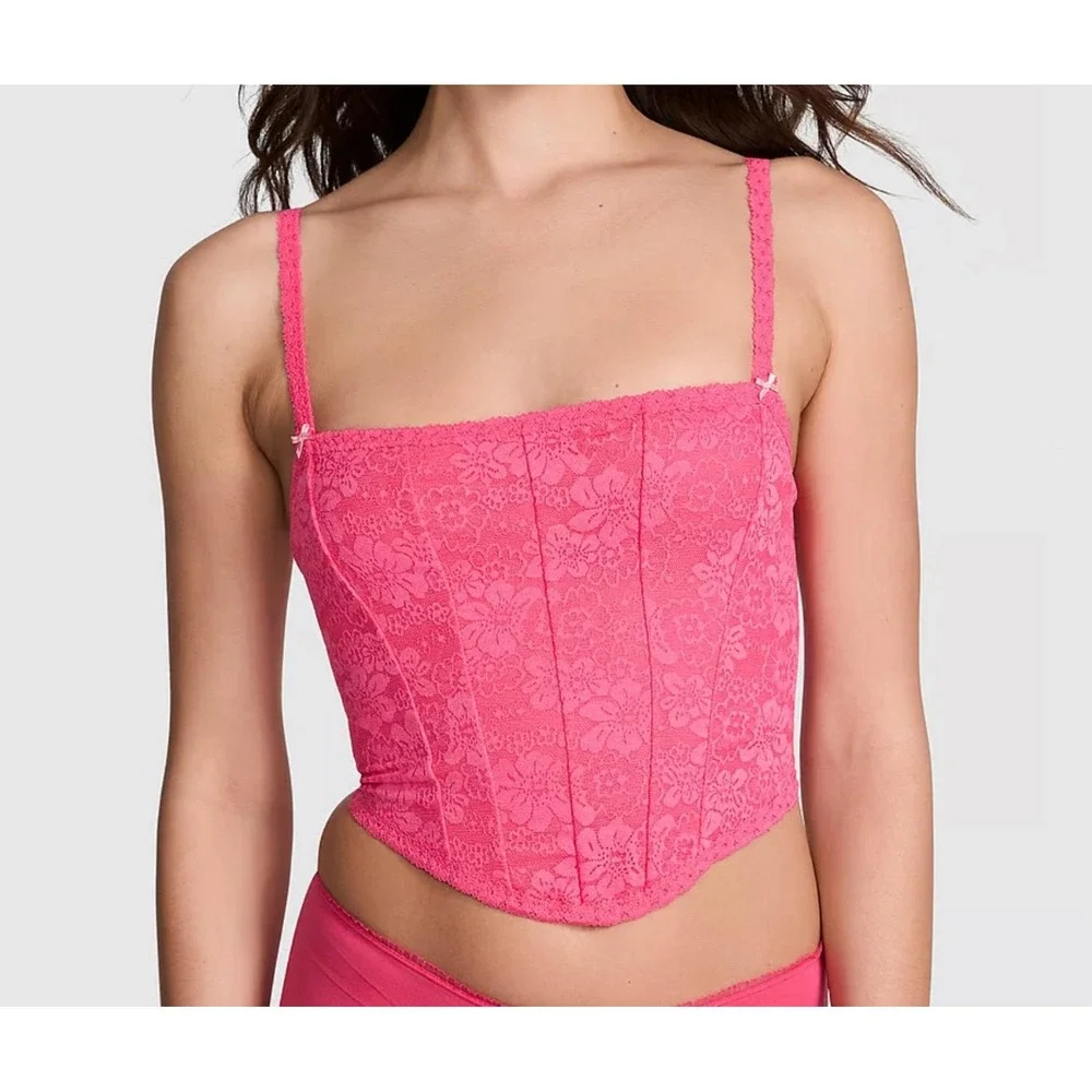Victoria's Secret Pink Floral Lace‎ Corset Bustier Top Hot Pink Coquette Dainty